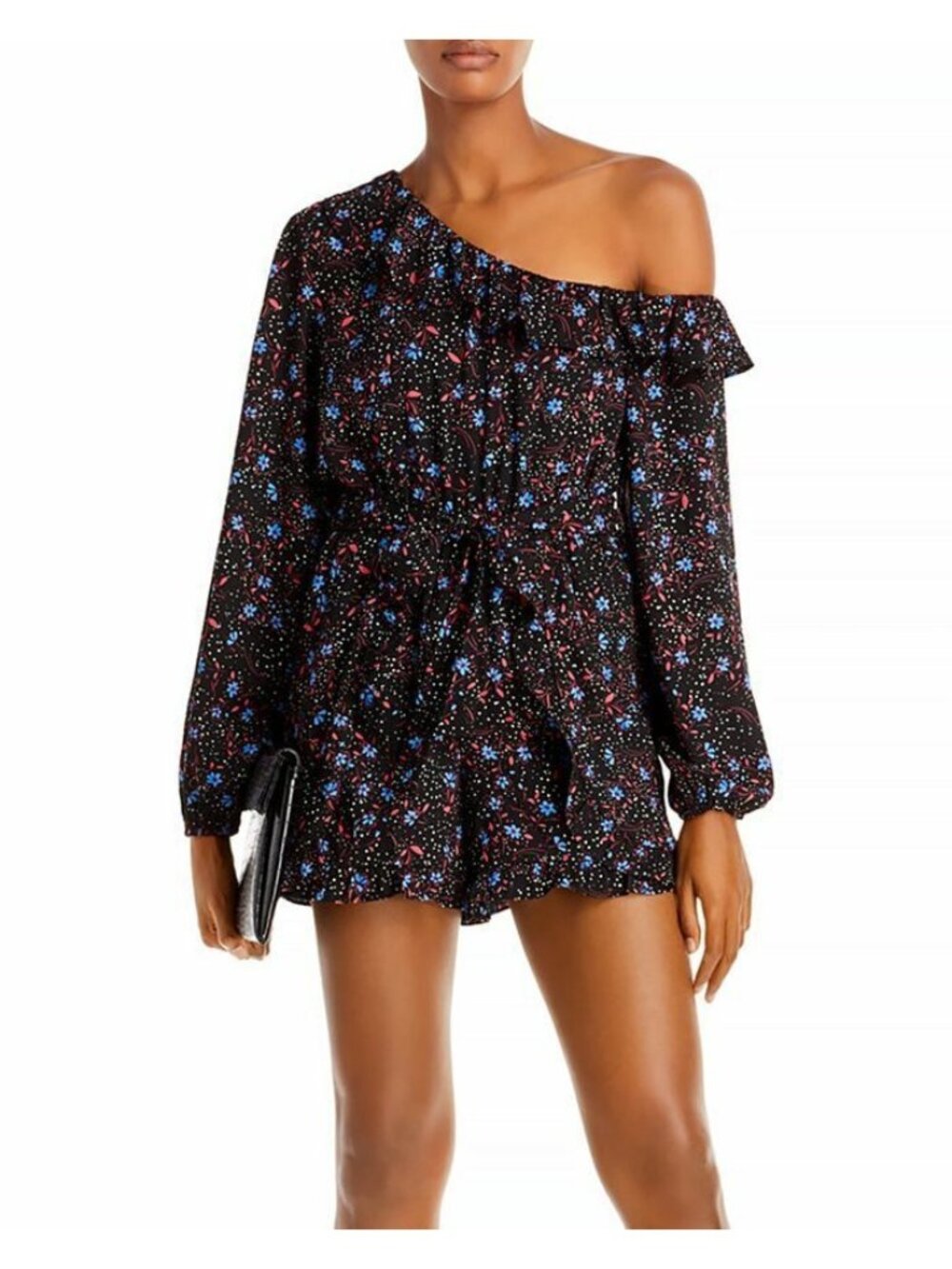 AQUA Womens Formal Romper Sz S Black Floral Long Sleeve Off the Shoulder Evening